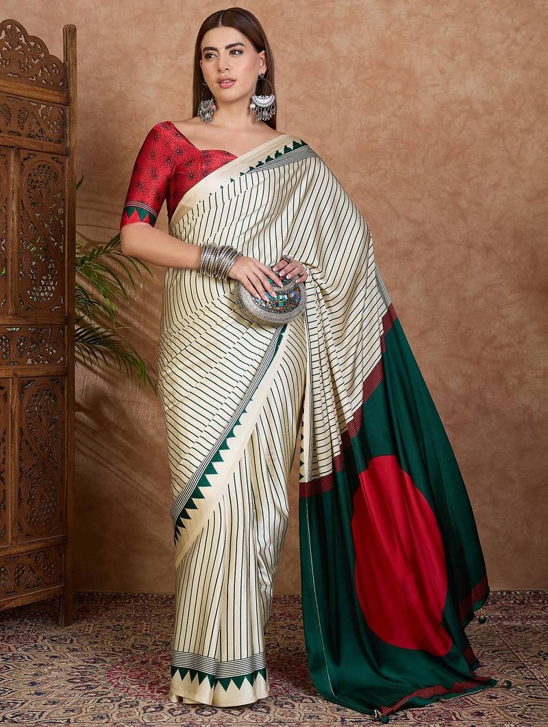Green color ready to wear semi modal saree with unstitched designer blouse
