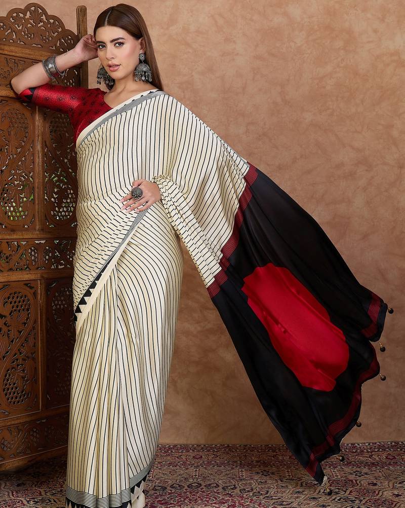 Black color ready to wear semi modal saree with unstitched designer blouse
