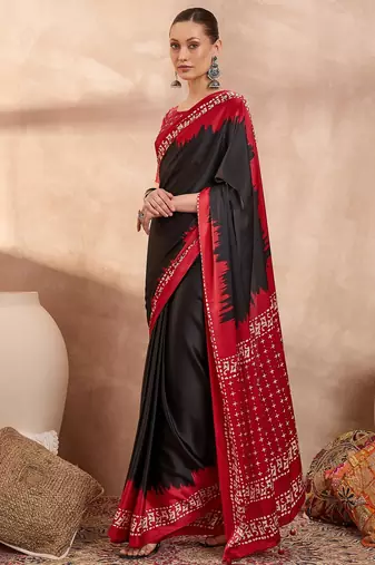 Black color Readymade semi modal saree with unstitched designer blouse