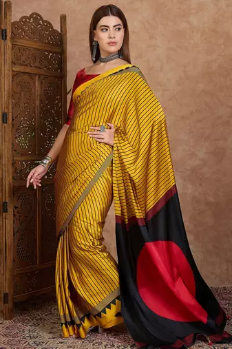 Yellow color ready to wear semi modal saree with unstitched designer blouse