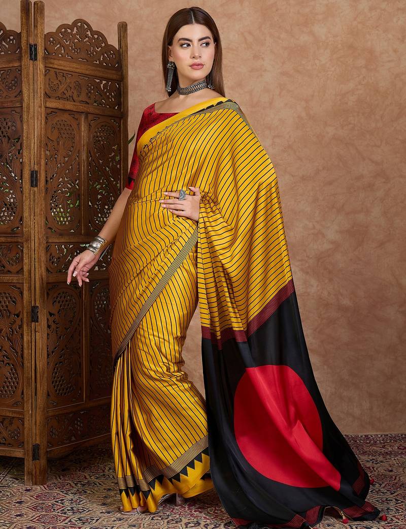 Yellow color ready to wear semi modal saree with unstitched designer blouse