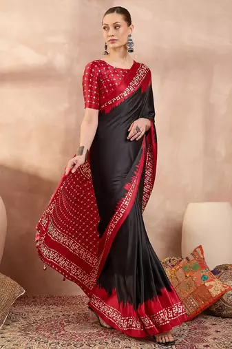Black color Readymade semi modal saree with unstitched designer blouse