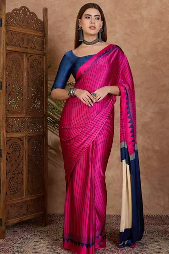 Pink color ready to wear semi modal saree with unstitched designer blouse