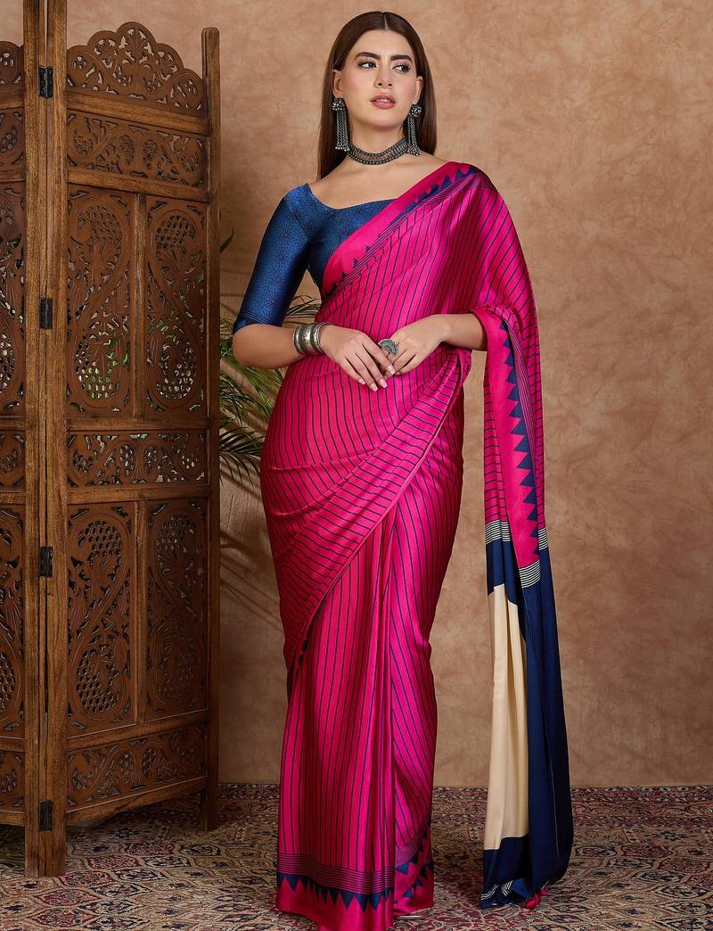 Pink color ready to wear semi modal saree with unstitched designer blouse