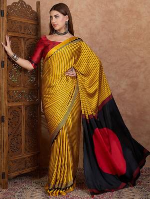 Yellow color ready to wear semi modal saree with unstitched designer blouse 2