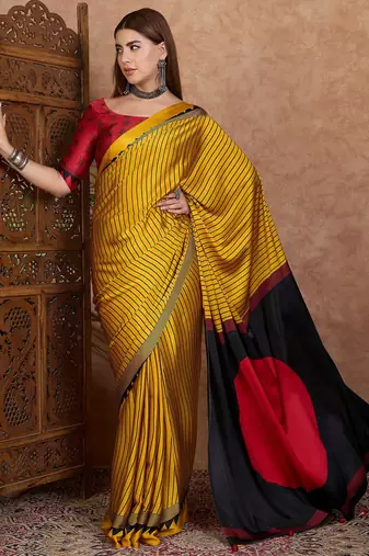 Yellow color ready to wear semi modal saree with unstitched designer blouse