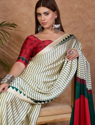 Green color ready to wear semi modal saree with unstitched designer blouse 3