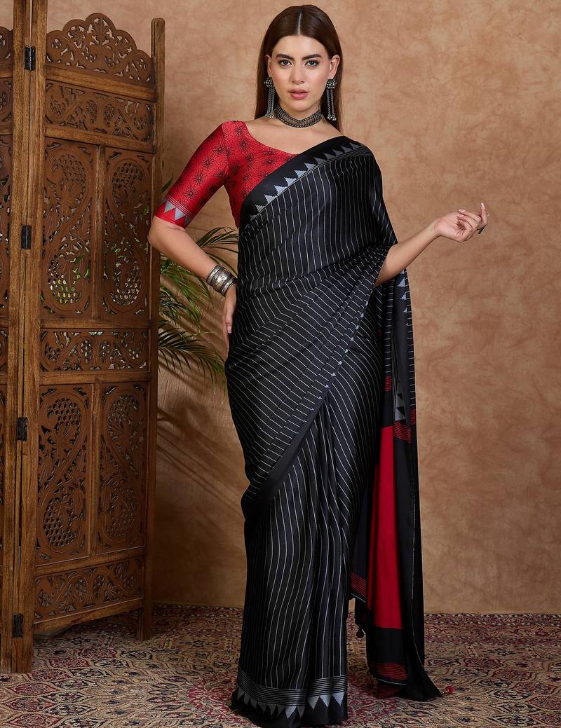 Black color ready to wear semi modal saree with unstitched designer blouse