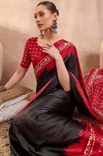 Black color Readymade semi modal saree with unstitched designer blouse