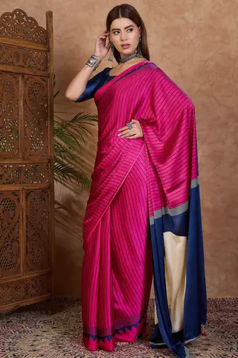 Pink color ready to wear semi modal saree with unstitched designer blouse