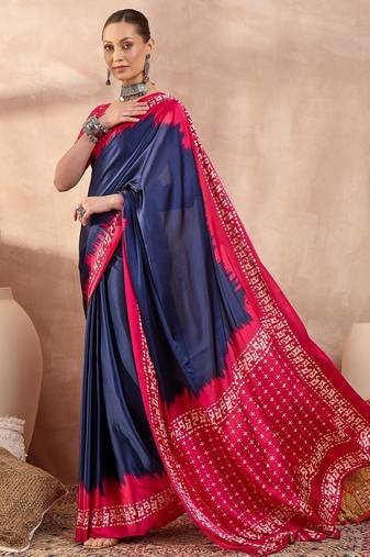 Blue color ready to wear semi modal saree with unstitched designer blouse