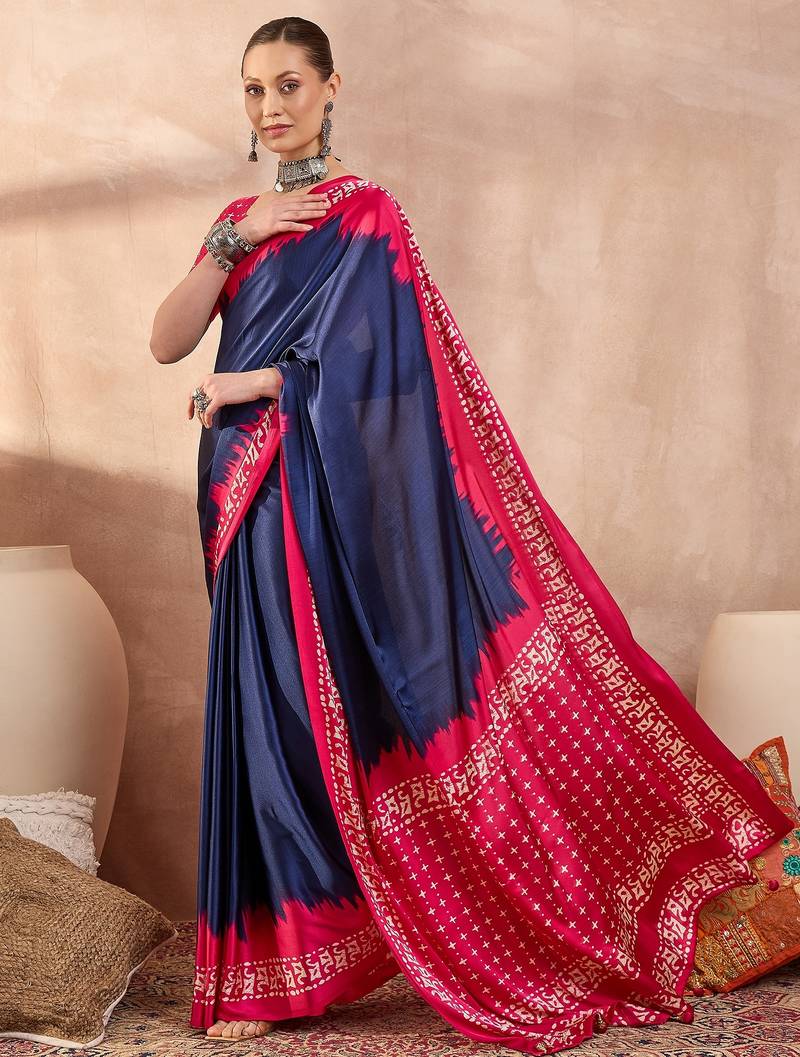 Blue color ready to wear semi modal saree with unstitched designer blouse