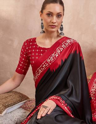 Black color Readymade semi modal saree with unstitched designer blouse 5