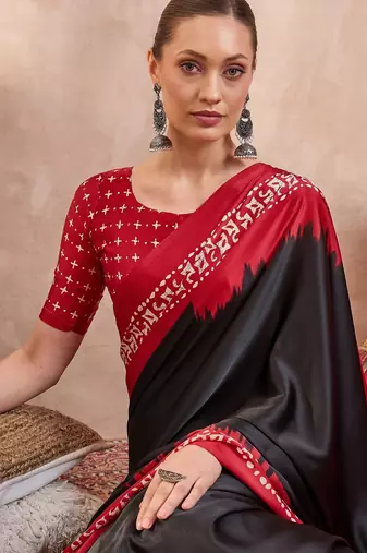 Black color Readymade semi modal saree with unstitched designer blouse