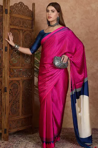 Pink color ready to wear semi modal saree with unstitched designer blouse