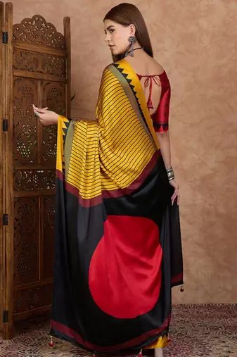Yellow color ready to wear semi modal saree with unstitched designer blouse