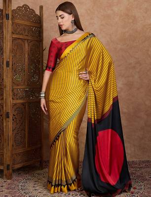 Yellow color ready to wear semi modal saree with unstitched designer blouse 5