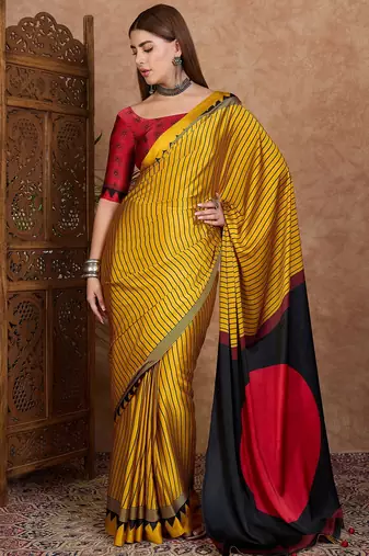 Yellow color ready to wear semi modal saree with unstitched designer blouse