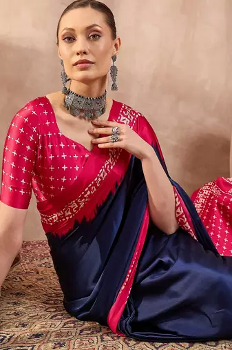 Blue color ready to wear semi modal saree with unstitched designer blouse