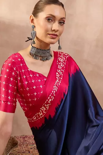 Blue color ready to wear semi modal saree with unstitched designer blouse