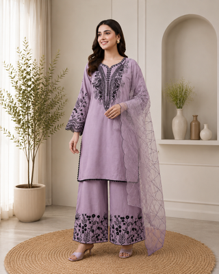 Lavender mal cotton kurta palazzo set with organza dupatta 1