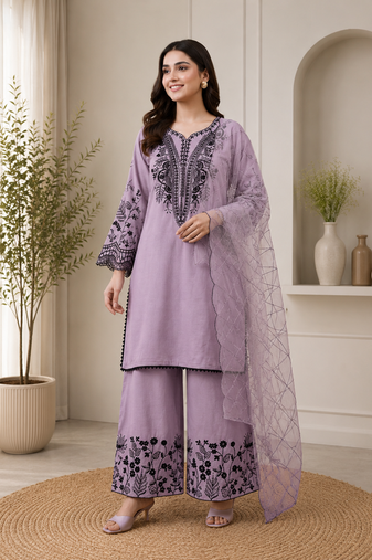 Lavender mal cotton kurta palazzo set with organza dupatta