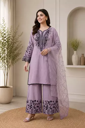 Lavender mal cotton kurta palazzo set with organza dupatta