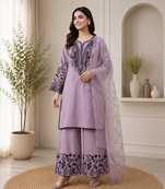 Lavender mal cotton kurta palazzo set with organza dupatta