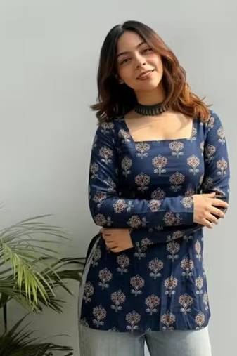 Women's rayon handpainted handblock designer Short Kurtis