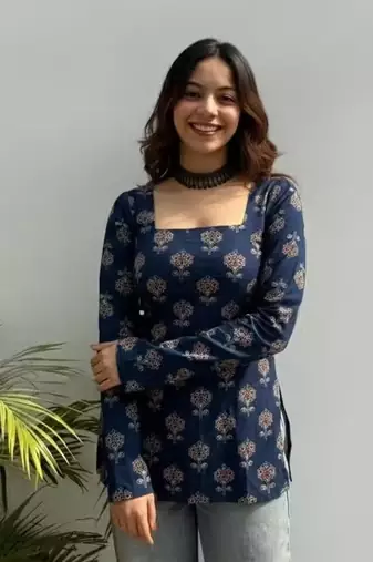 Women's rayon handpainted handblock designer Short Kurtis
