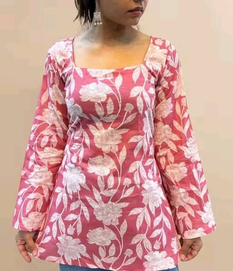 Women's Rayon Handblock Handprinted Designer Pink Casual Top & Tunics