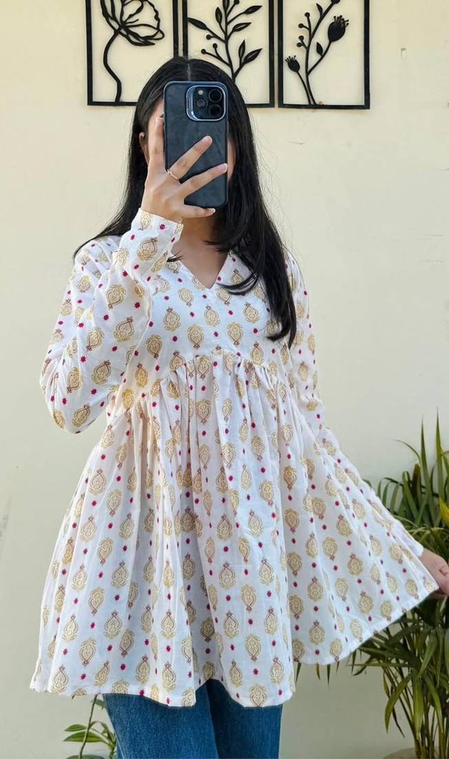 Women's Rayon Handblock Handprinted Designer White Casual Top & Tunics