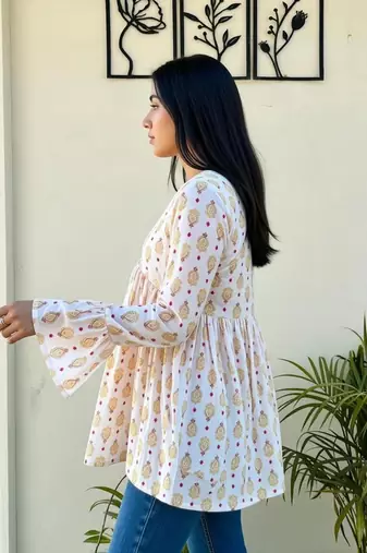 Women's Rayon Handblock Handprinted Designer White Casual Top & Tunics