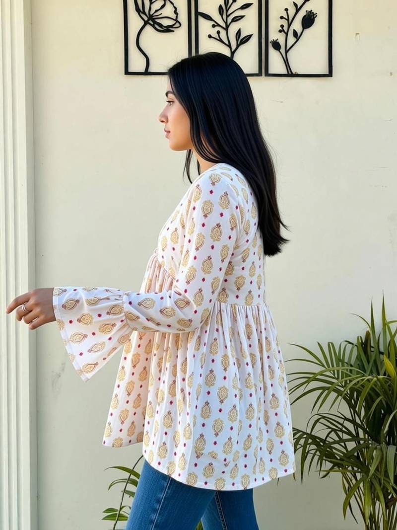 Women's Rayon Handblock Handprinted Designer White Casual Top & Tunics