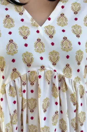 Women's Rayon Handblock Handprinted Designer White Casual Top & Tunics