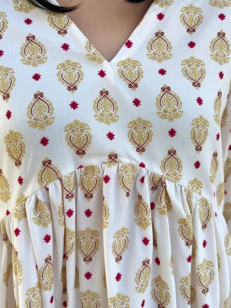 Women's Rayon Handblock Handprinted Designer White Casual Top & Tunics