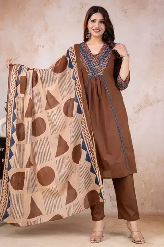 Beautiful jaipuri brown cotton kurti pant set with a geometric print dupatta and intricate embroidery detailing