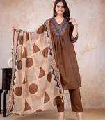 Beautiful jaipuri brown cotton kurti pant set with a geometric print dupatta and intricate embroidery detailing