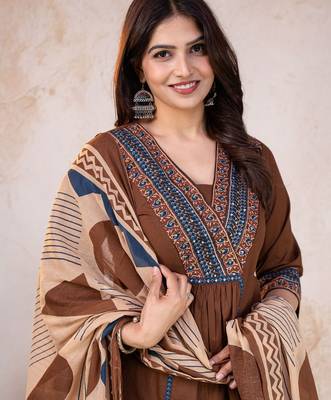 Beautiful jaipuri brown cotton kurti pant set with a geometric print dupatta and intricate embroidery detailing 2