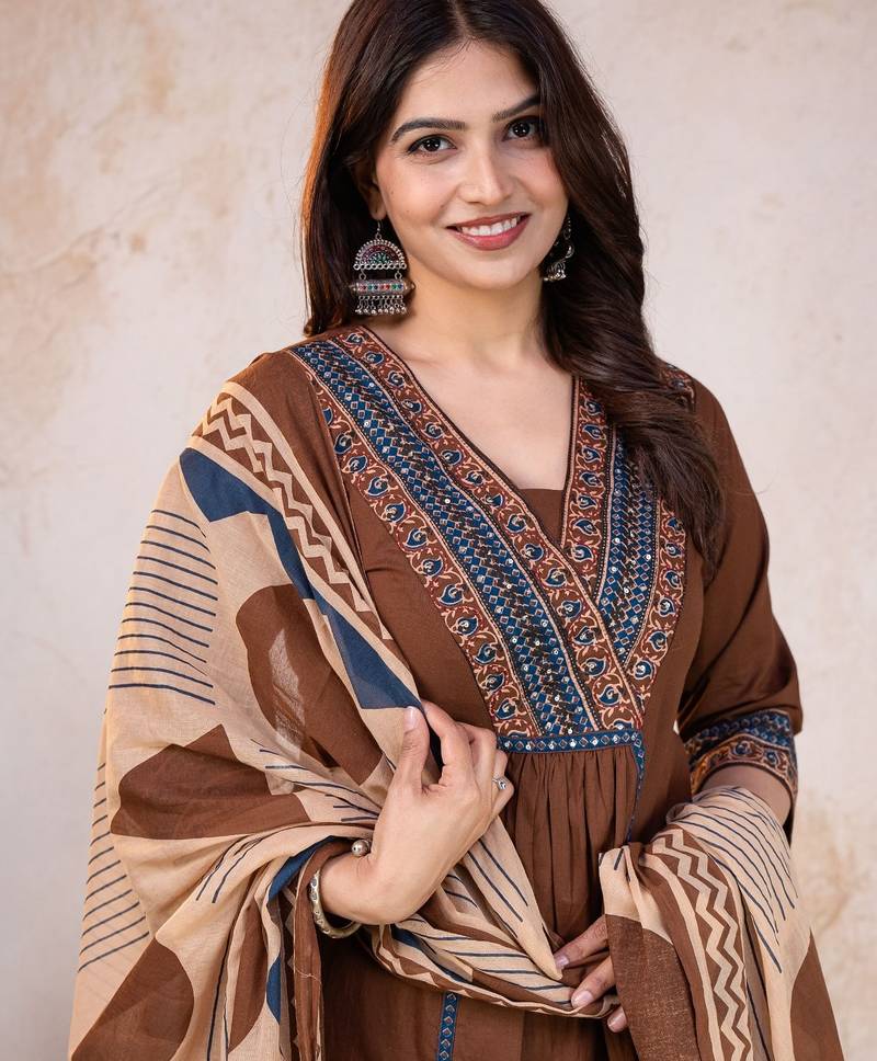 Beautiful jaipuri brown cotton kurti pant set with a geometric print dupatta and intricate embroidery detailing