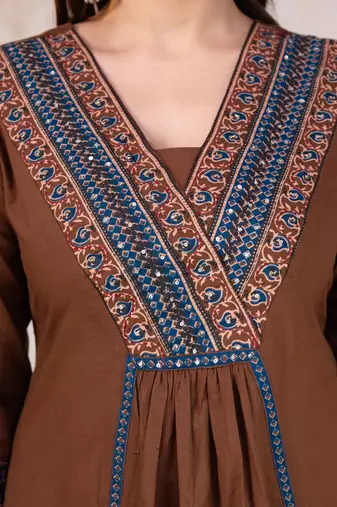 Beautiful jaipuri brown cotton kurti pant set with a geometric print dupatta and intricate embroidery detailing