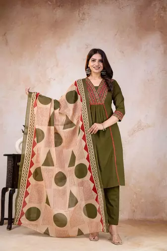Beautiful jaipuri green printed cotton dupatta with a distinct red and green ethnic border.