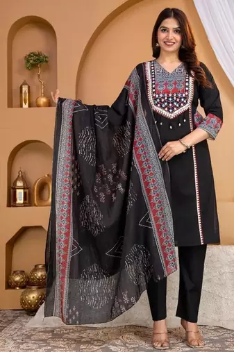 Beautiful jaipuri black printed cotton dupatta with a distinct red and blue ethnic border.