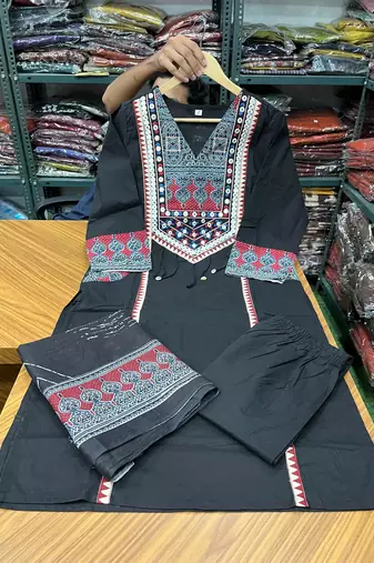 Beautiful jaipuri black printed cotton dupatta with a distinct red and blue ethnic border.