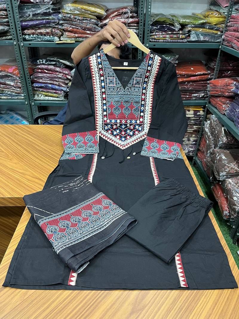 Beautiful jaipuri black printed cotton dupatta with a distinct red and blue ethnic border.