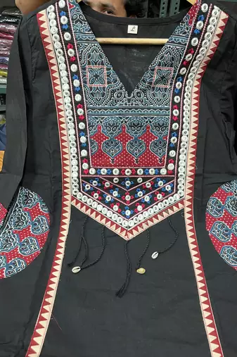 Beautiful jaipuri black printed cotton dupatta with a distinct red and blue ethnic border.