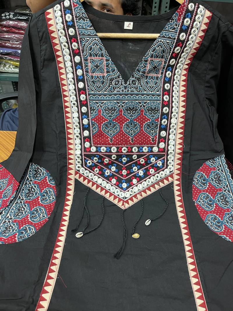 Beautiful jaipuri black printed cotton dupatta with a distinct red and blue ethnic border.