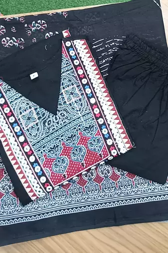 Beautiful jaipuri black printed cotton dupatta with a distinct red and blue ethnic border.