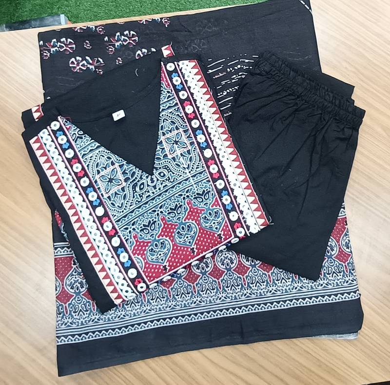 Beautiful jaipuri black printed cotton dupatta with a distinct red and blue ethnic border.