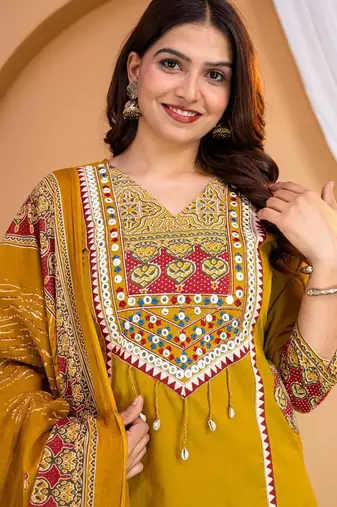 Beautiful jaipuri mustard printed cotton dupatta with a distinct red and mustard ethnic border.